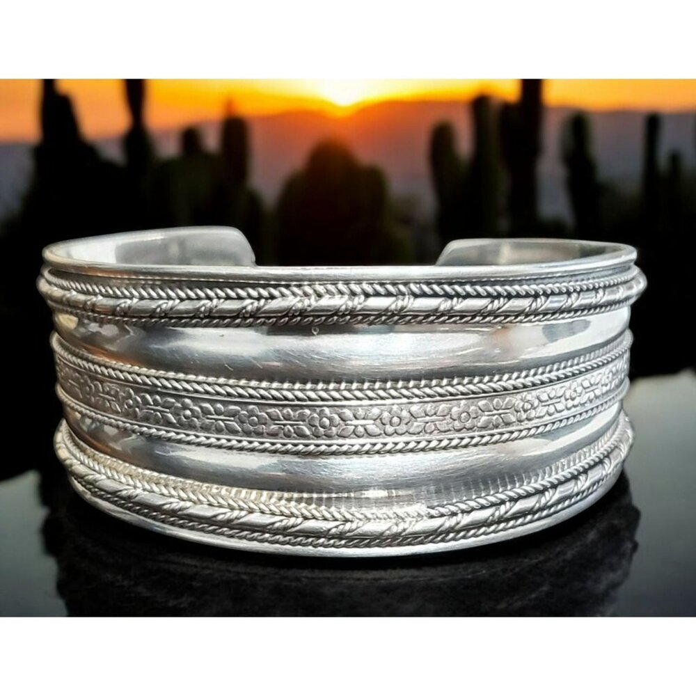 VTG Sterling Silver 925 Cuff Bracelet Boho Flowers Twisted Rope Southwest 33.4g
